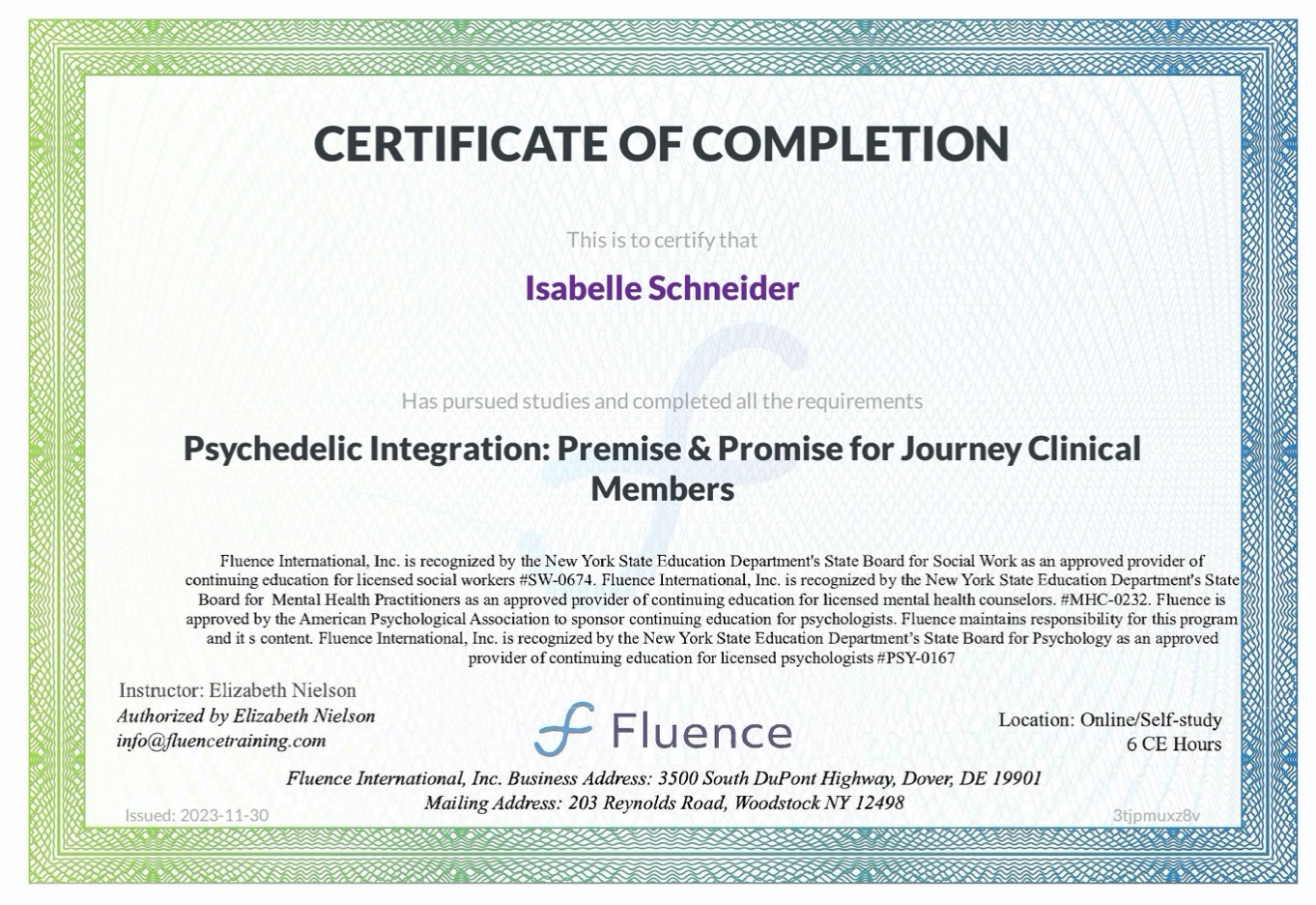 Certification document dated November 30, 2023